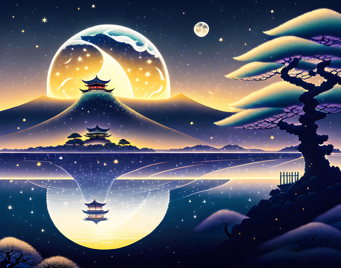 Stylized artwork of serene night scene with pagoda, Mount Fuji, pine trees, starry