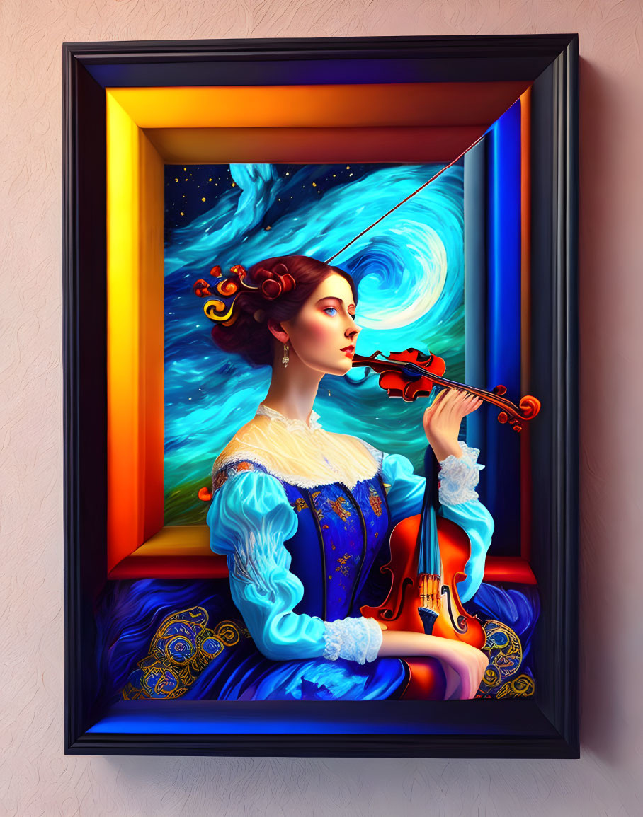 Colorful artwork of woman playing violin in window frame with dynamic swirls.