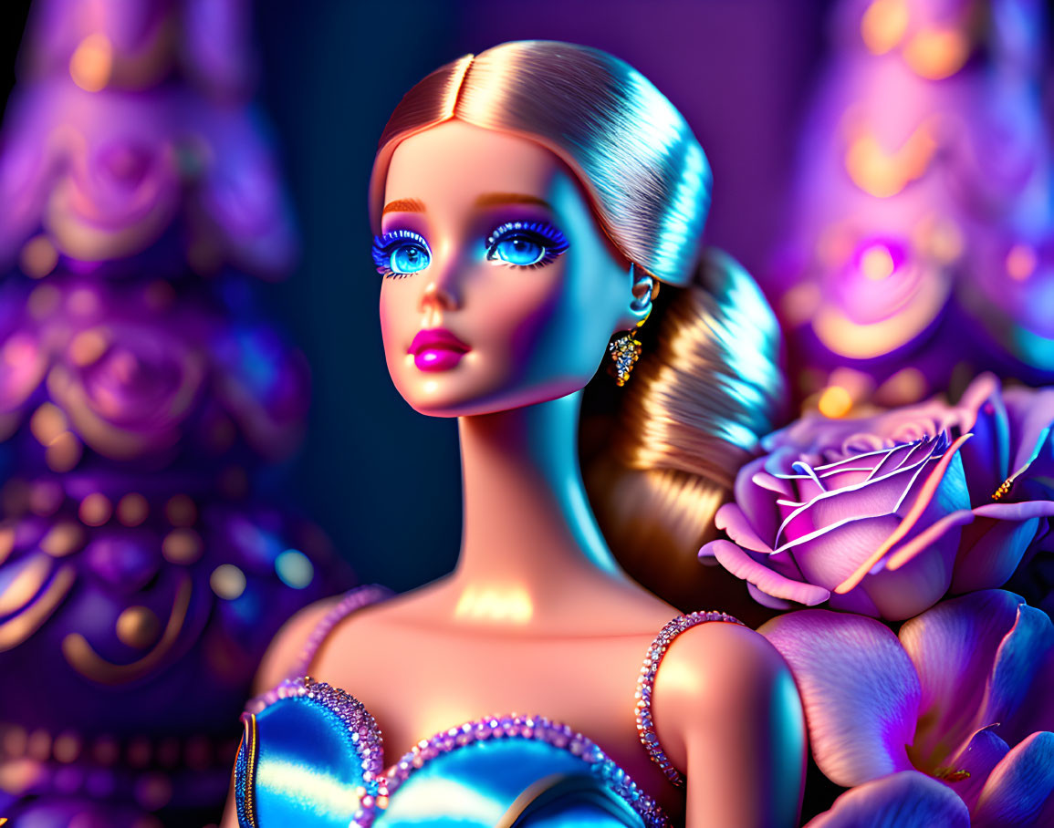 Blonde Doll with Blue Dress and Rose on Purple Background