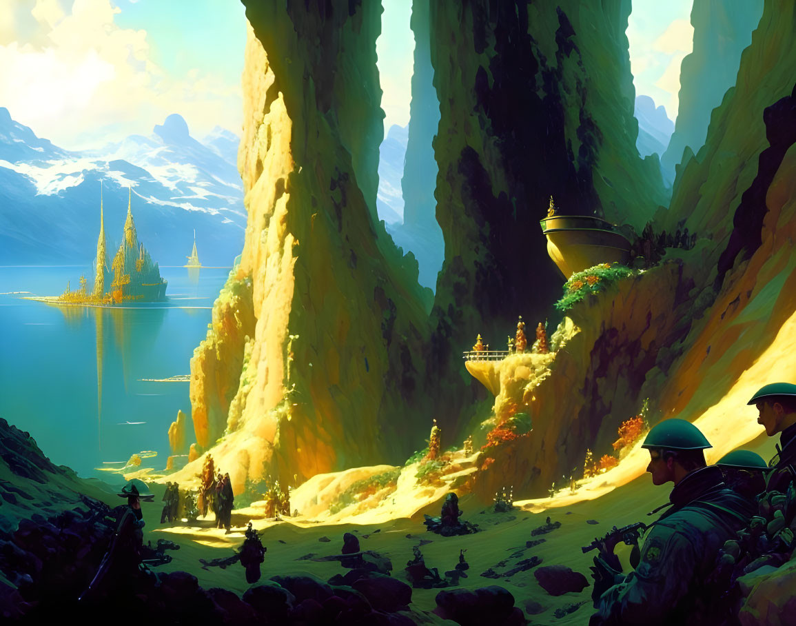 Majestic fantasy landscape with rock formations, golden city, soldiers, and airship