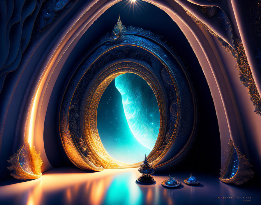 Surreal digital artwork of ornate cosmic portal with blue and golden tones