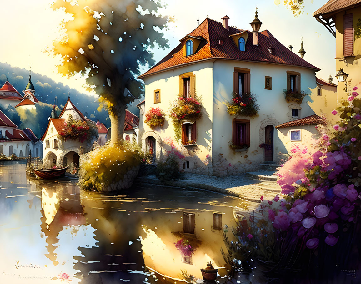 Tranquil village scene at sunset with house, boat, and blooming bushes by water