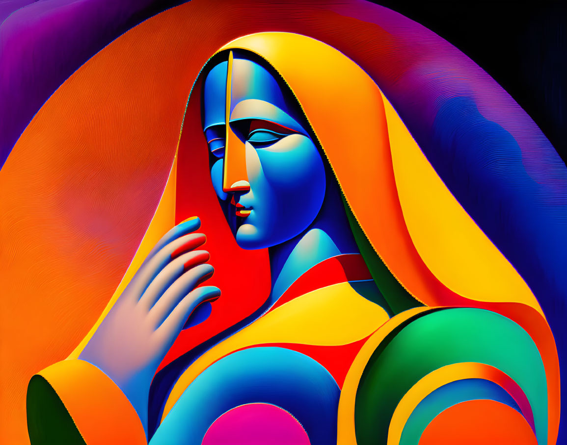 Vibrant abstract art: stylized female figure in warm and cool gradient