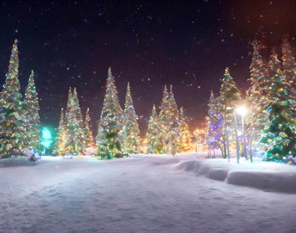 Snow-covered Christmas trees at night with colorful lights and falling snowflakes