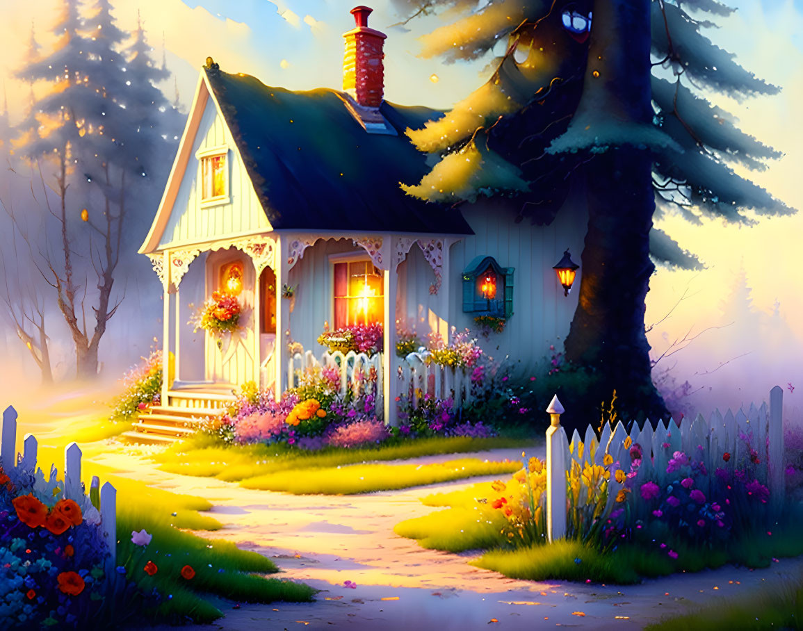 Charming twilight cottage with glowing windows and colorful flowers