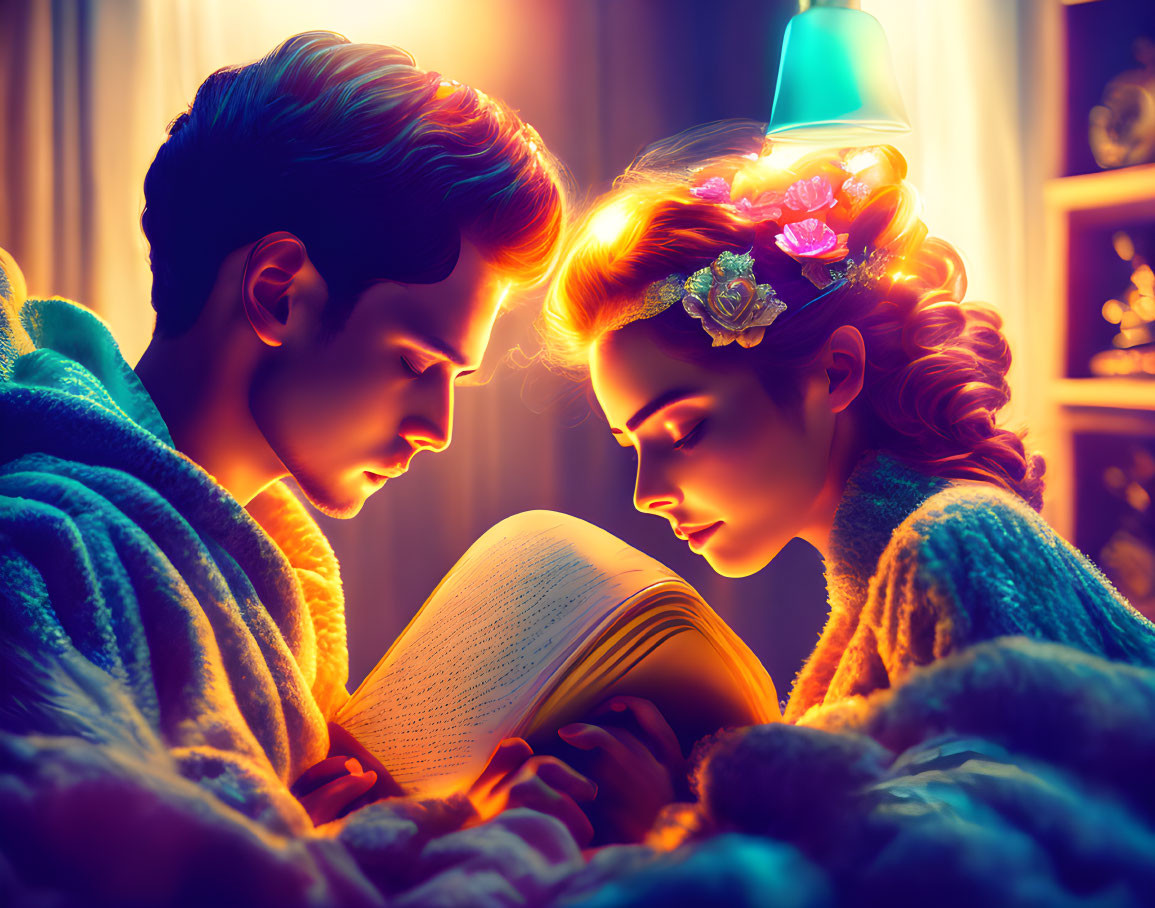 Couple reading book in warm, romantic ambiance