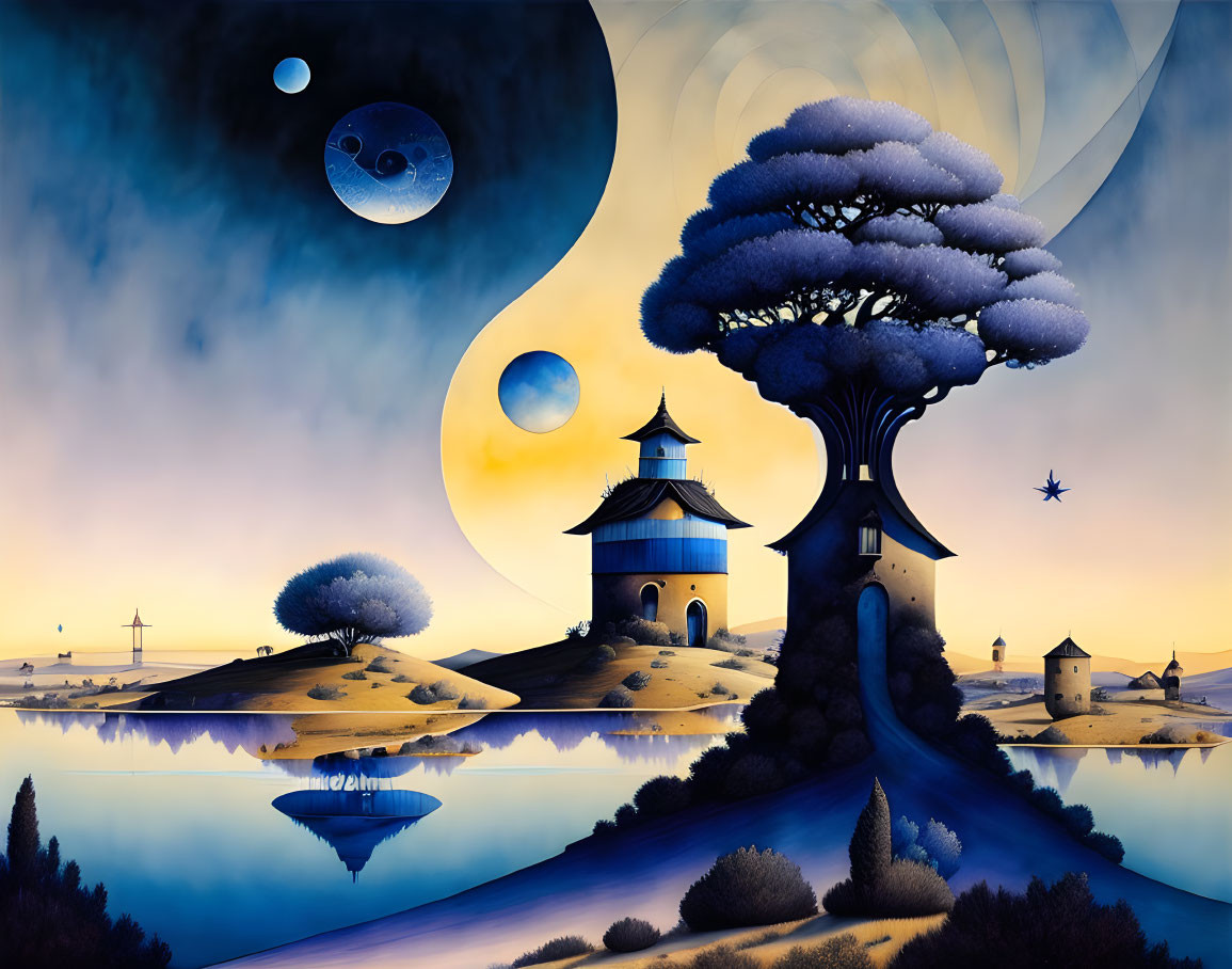 Surreal landscape with oversized tree, turret, multiple moons, swirling clouds, and mirrored water.