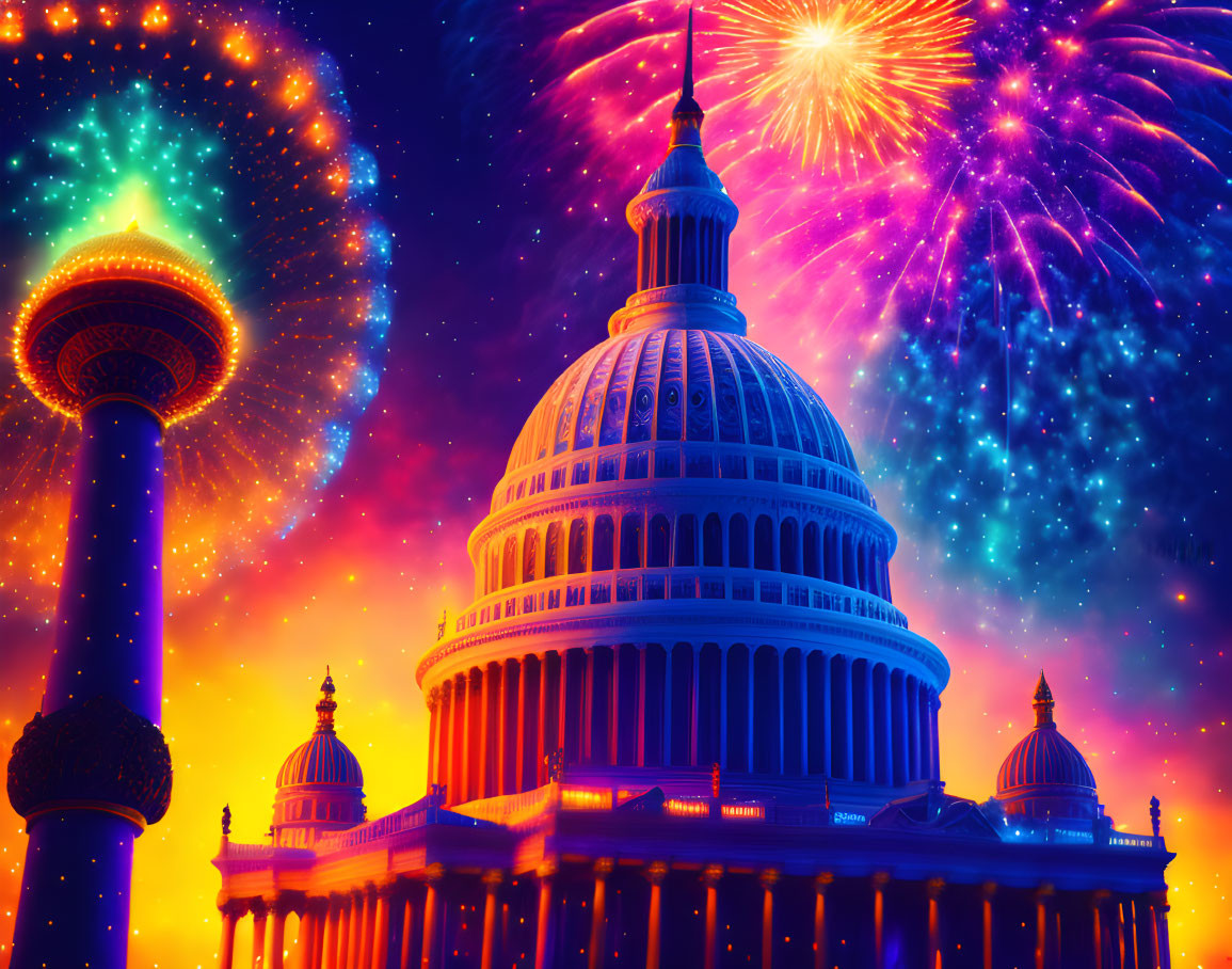 Colorful Fireworks Light Up Capitol Building and Space Needle