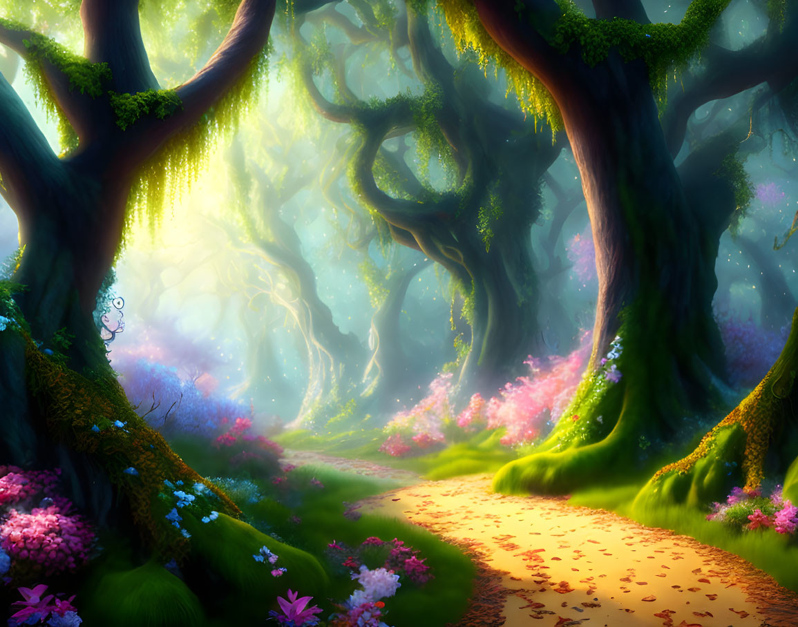 Enchanting forest scene with vibrant flowers and moss-covered trees