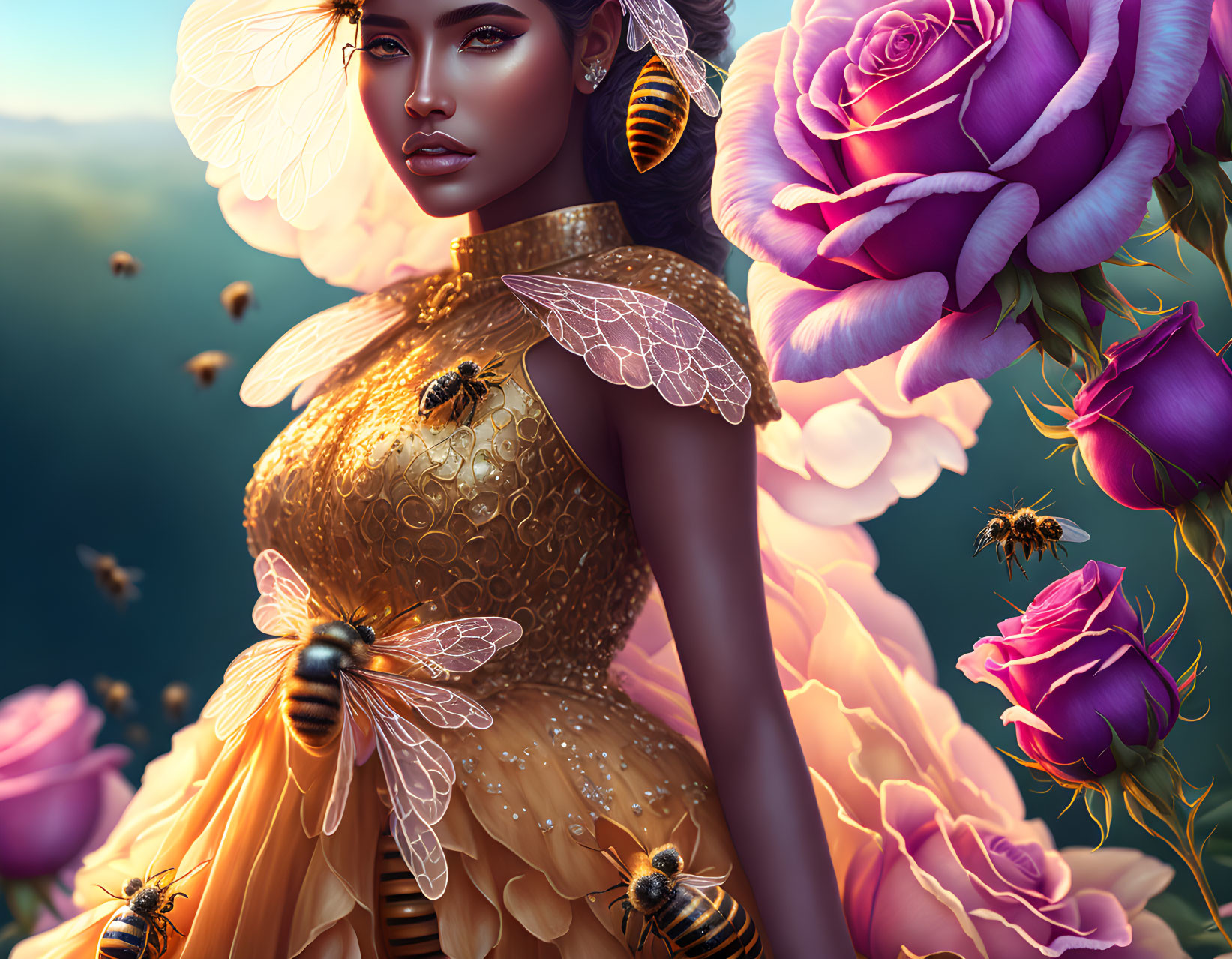 Golden Bee-Themed Dress Among Roses and Bees