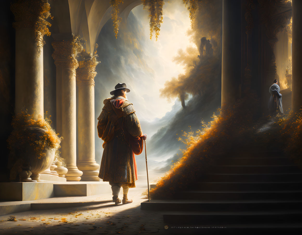 Traveler in cloak and hat before ancient hall with misty landscape and figure on staircase.