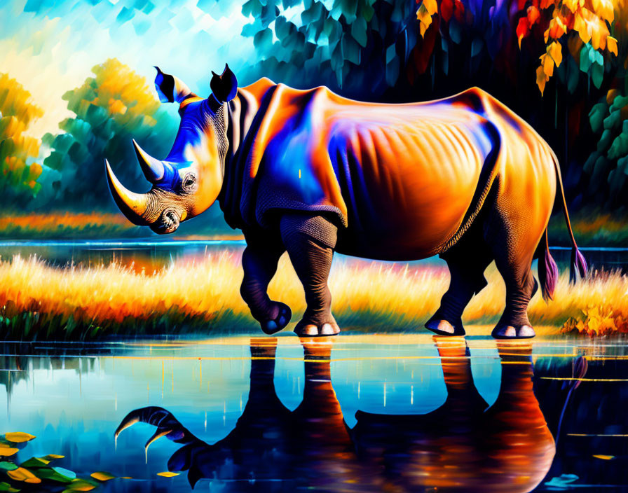 Colorful Rhinoceros Illustration by Reflective Water and Autumn Forest