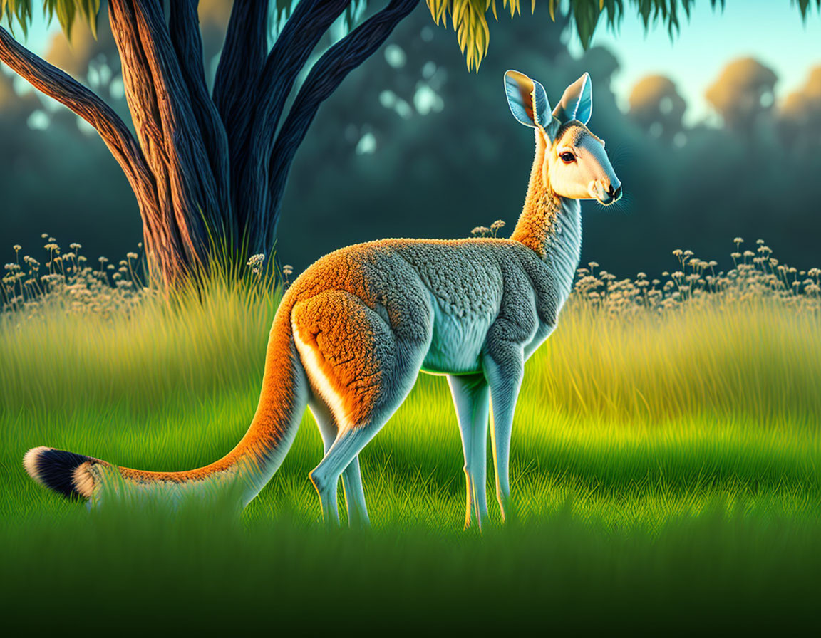 Kangaroo in lush field at golden hour with trees in background