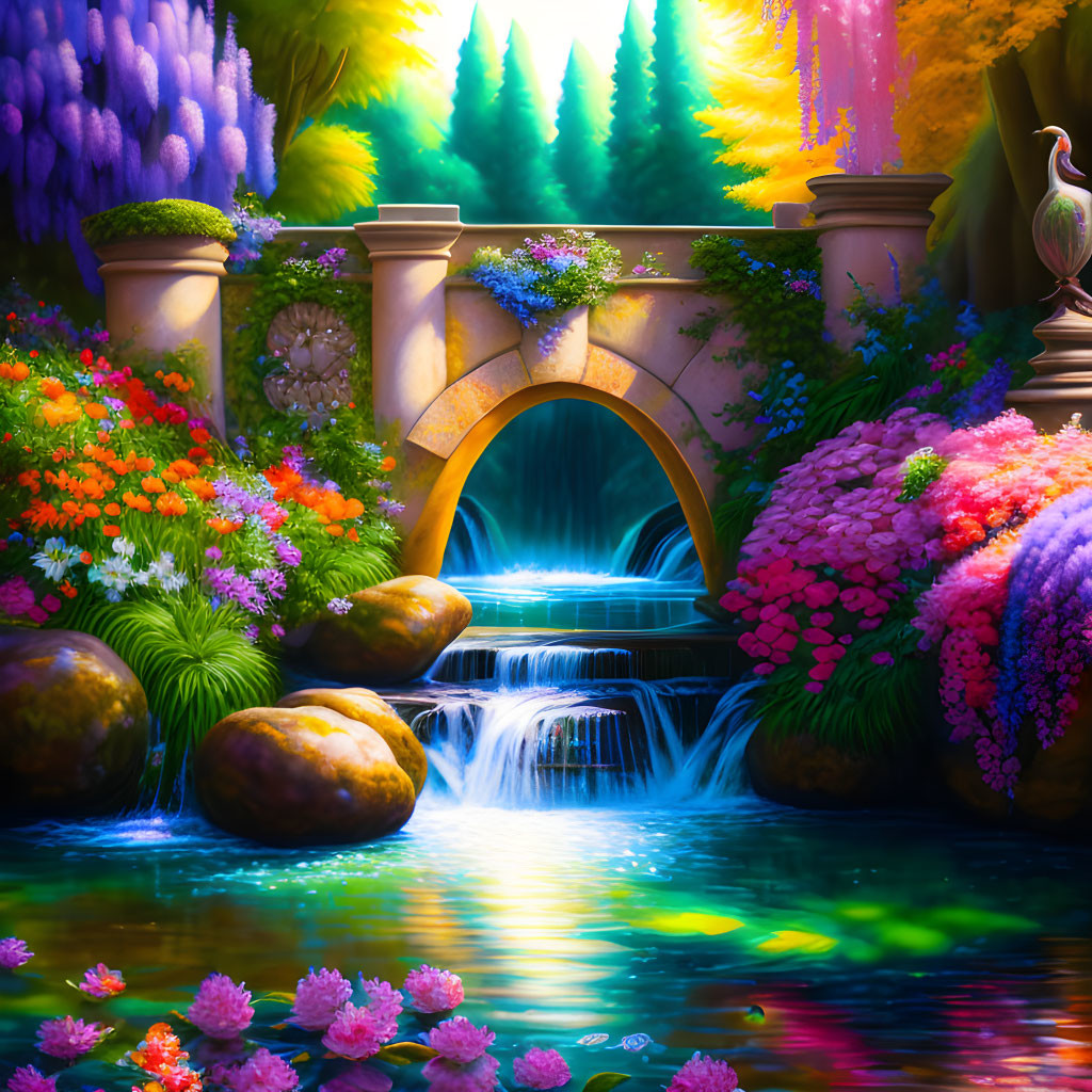 Colorful Garden with Waterfall and Arch Bridge in Soft Light