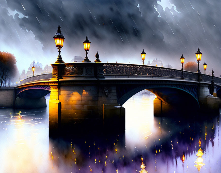 Ornate bridge with glowing lamps in rainy twilight scene