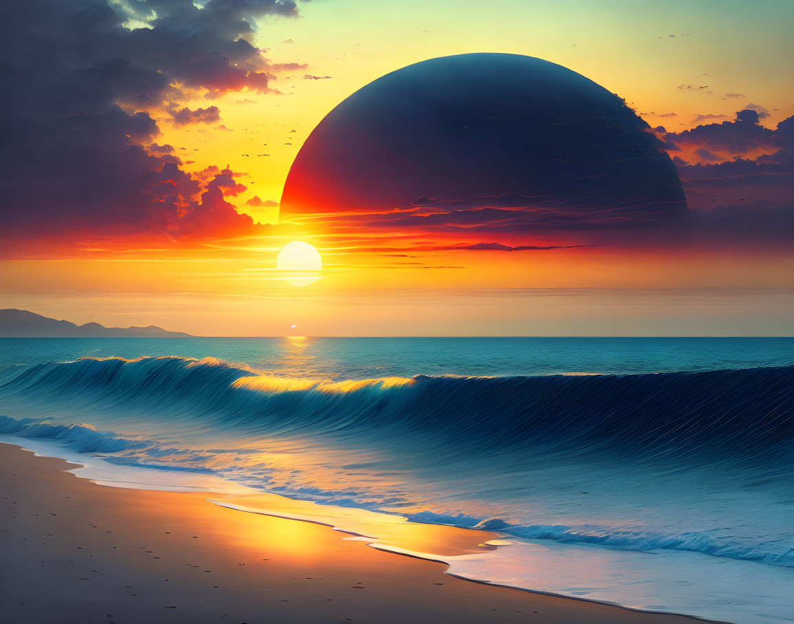 Surreal beach sunset with oversized planet, orange skies, and rolling waves