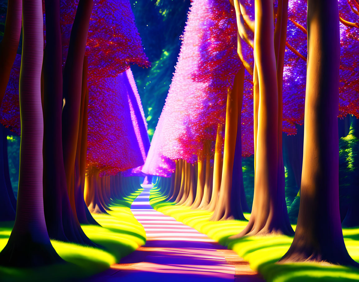 Whimsical forest digital art with purple foliage and glowing edges