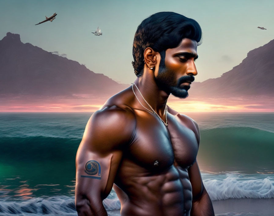 Muscular man with beard by the sea at dusk, profile view with mountains and planes.