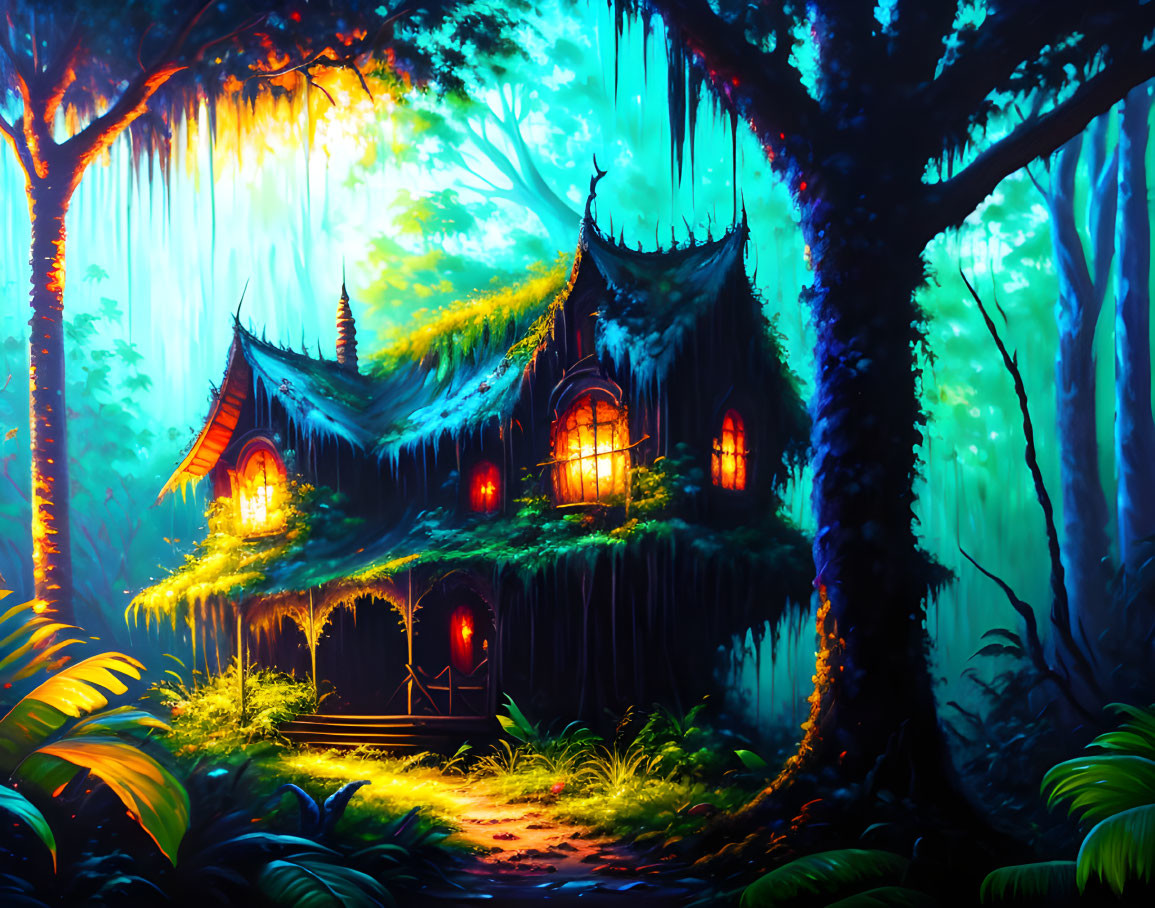 Twilight forest scene with glowing lanterns and enchanting cottage