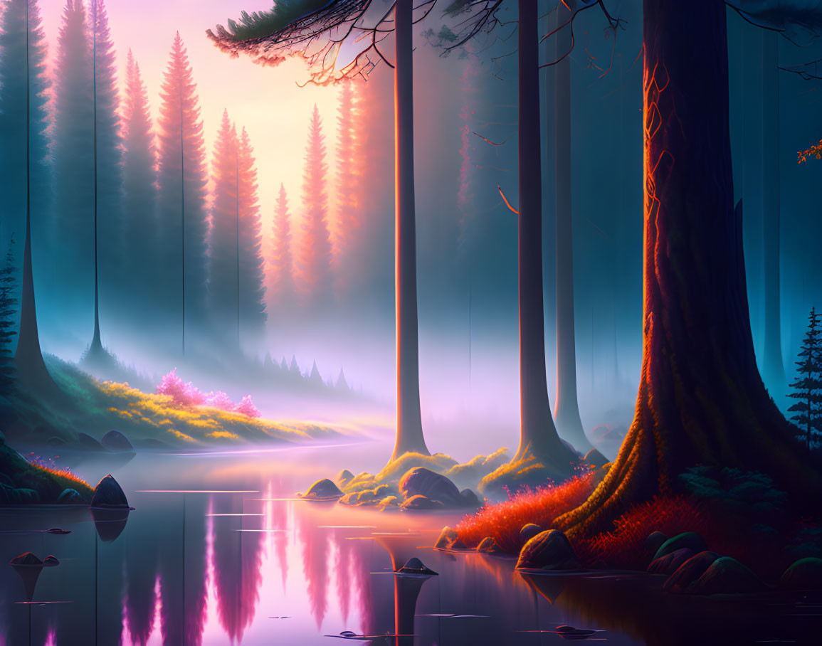 Mystical forest scene: towering trees, serene lake, radiant sunlight, vibrant foliage