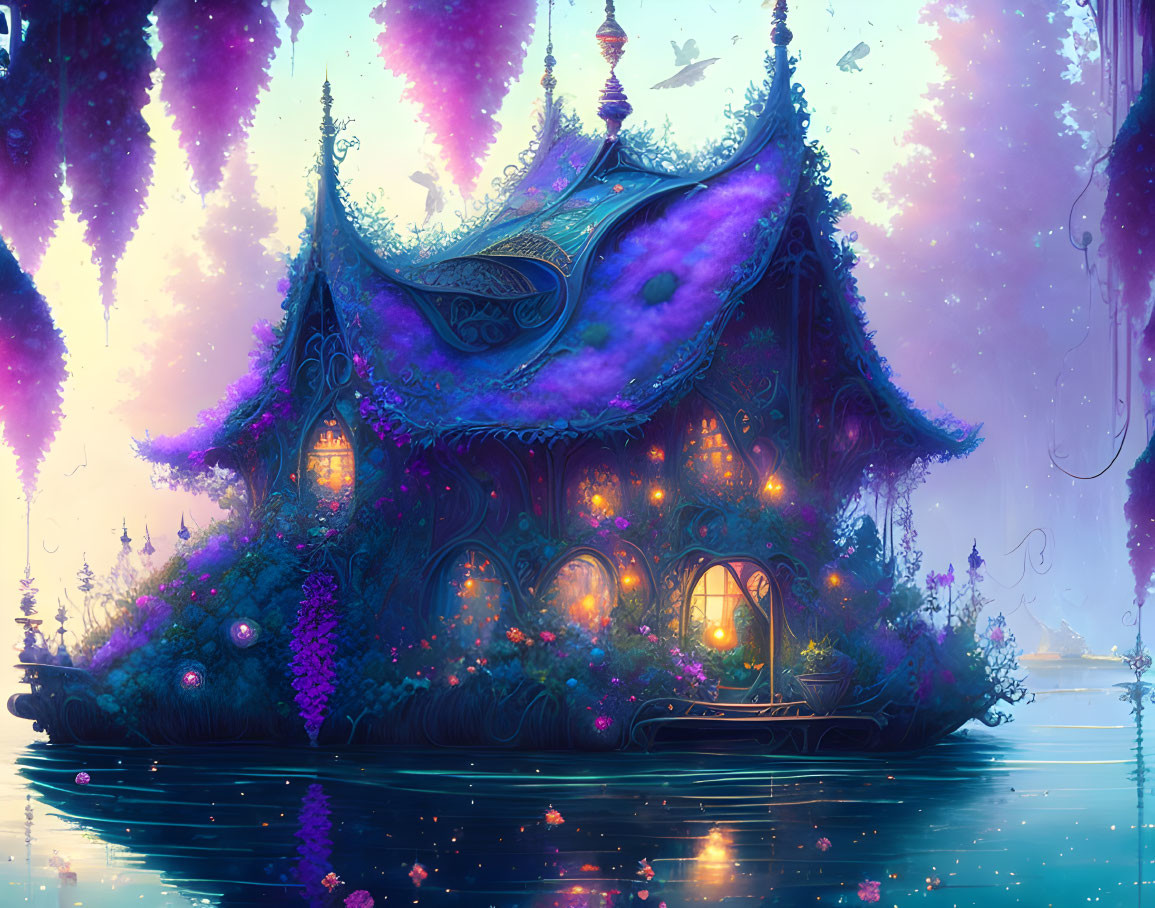 Fantastical house on calm water with ornate roofs and purple foliage