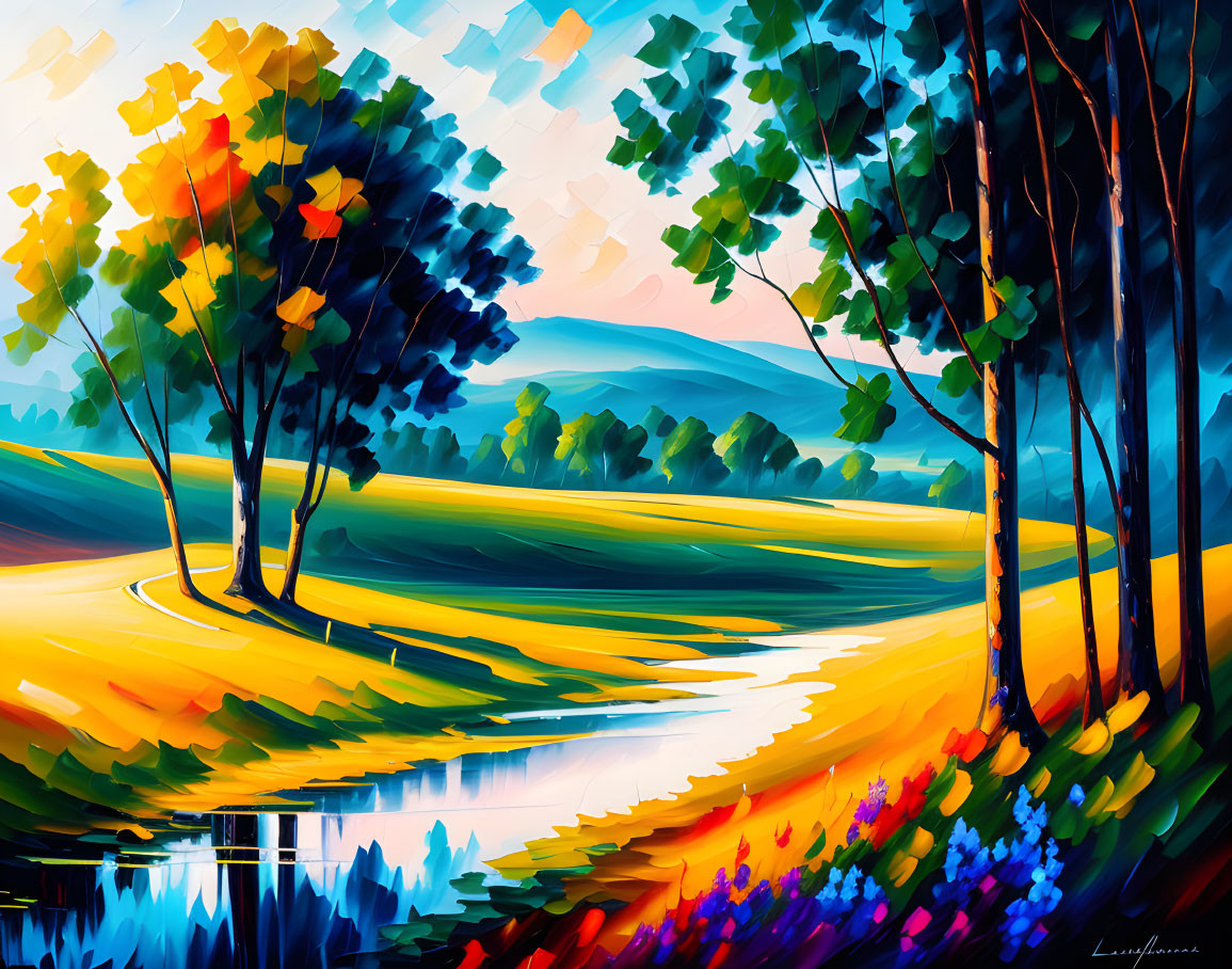 Colorful landscape painting with vibrant trees, river, and pathway under a dynamic sky