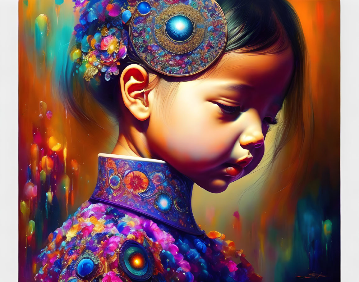 Colorful digital painting of young girl with ornate headdress and collar, intricate patterns.