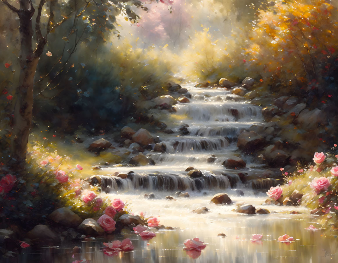 Tranquil painting of cascading waterfall and blooming flowers