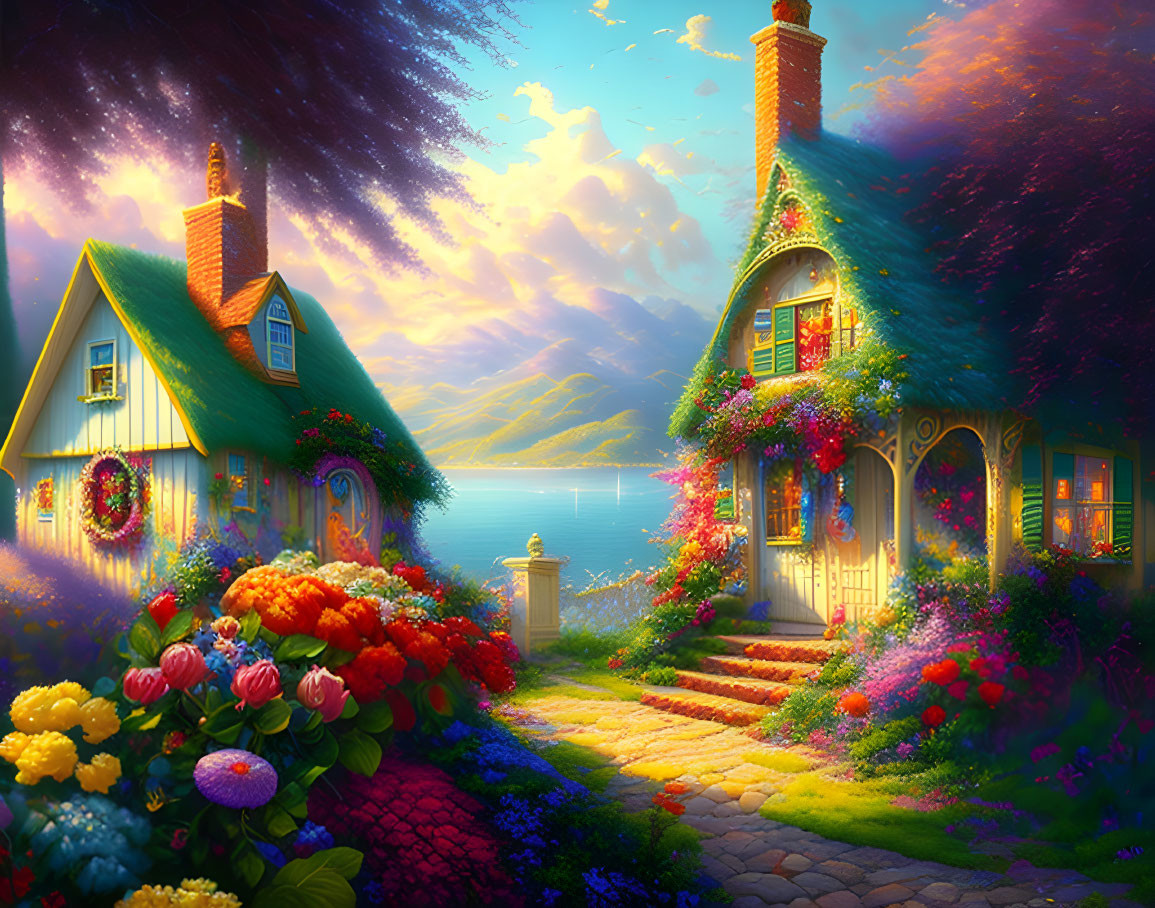 Charming cottages nestled among vibrant flowers by a serene lake at sunset