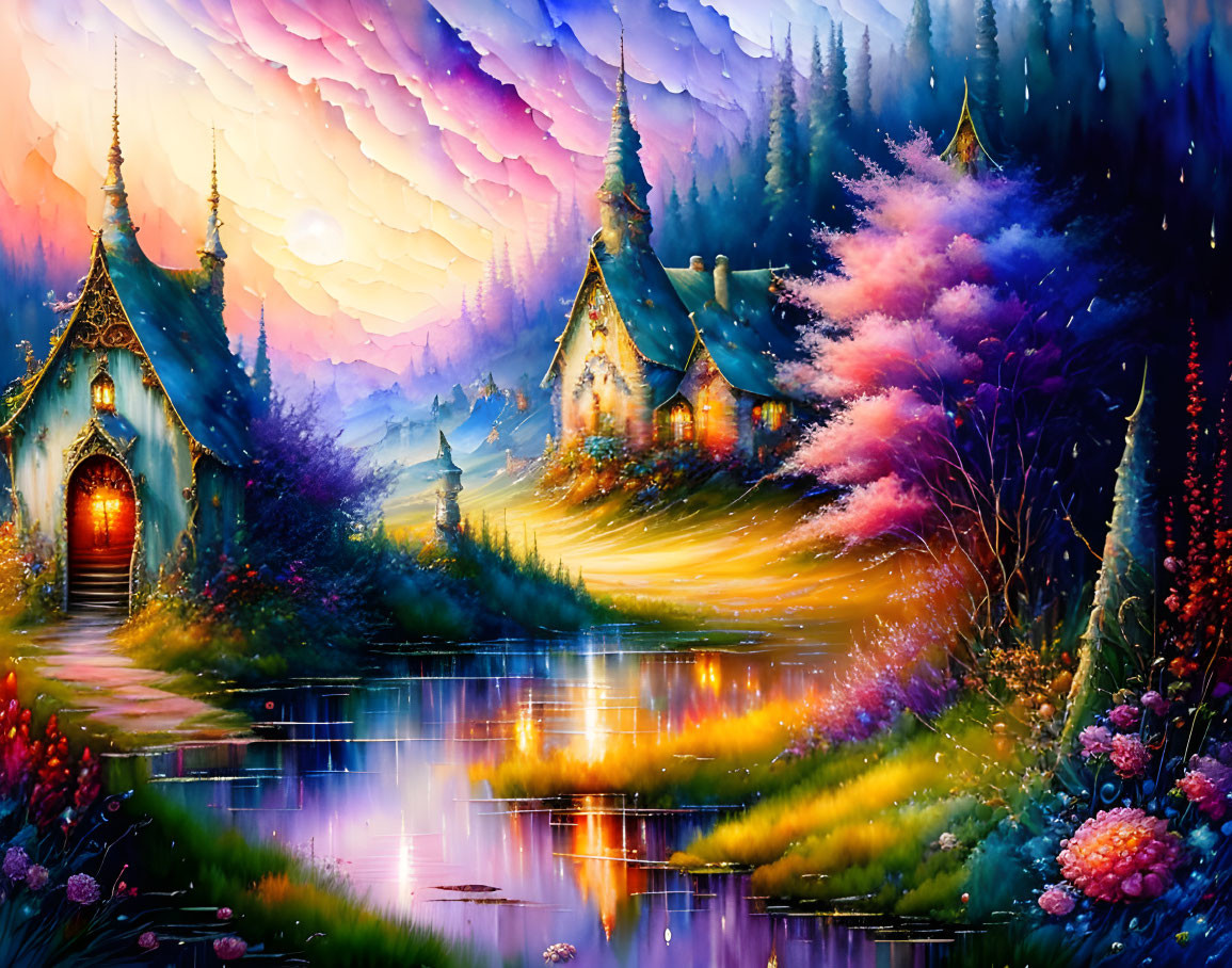 Colorful Trees and Glowing Chapel in Vibrant Fantasy Landscape