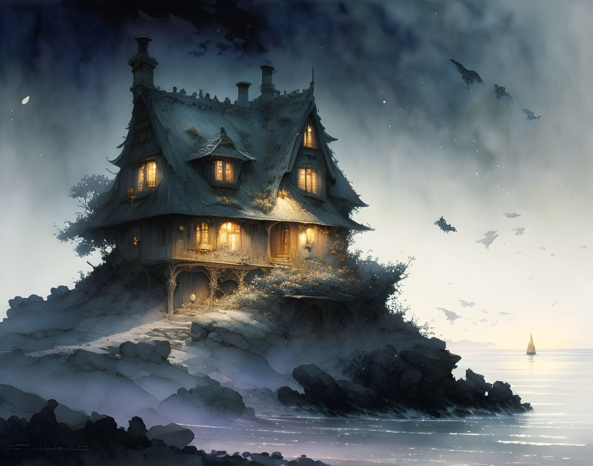 Secluded illuminated cottage on cliff by the sea at twilight