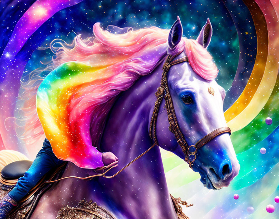 Colorful Cosmic Horse Illustration with Rainbow Mane in Starry Space Setting