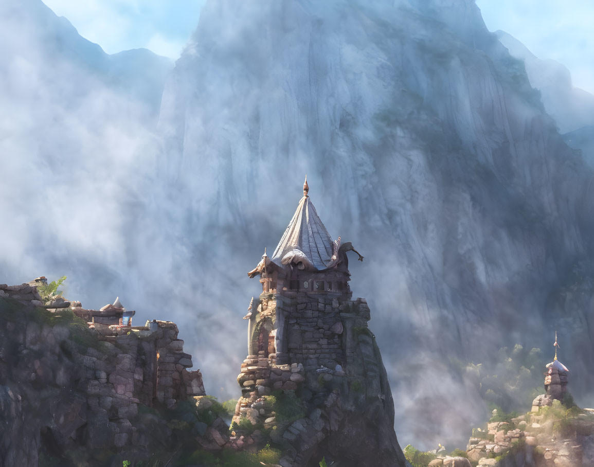 Stone turret on rugged cliff with mist and mountain peaks