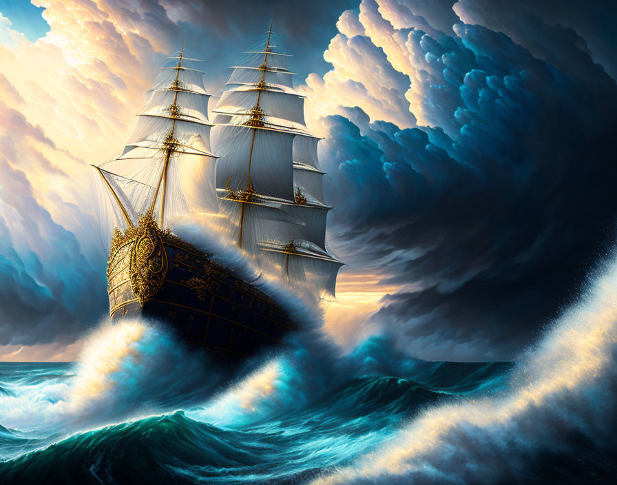 Majestic sailing ship with golden detailing in tumultuous ocean waves at sunset