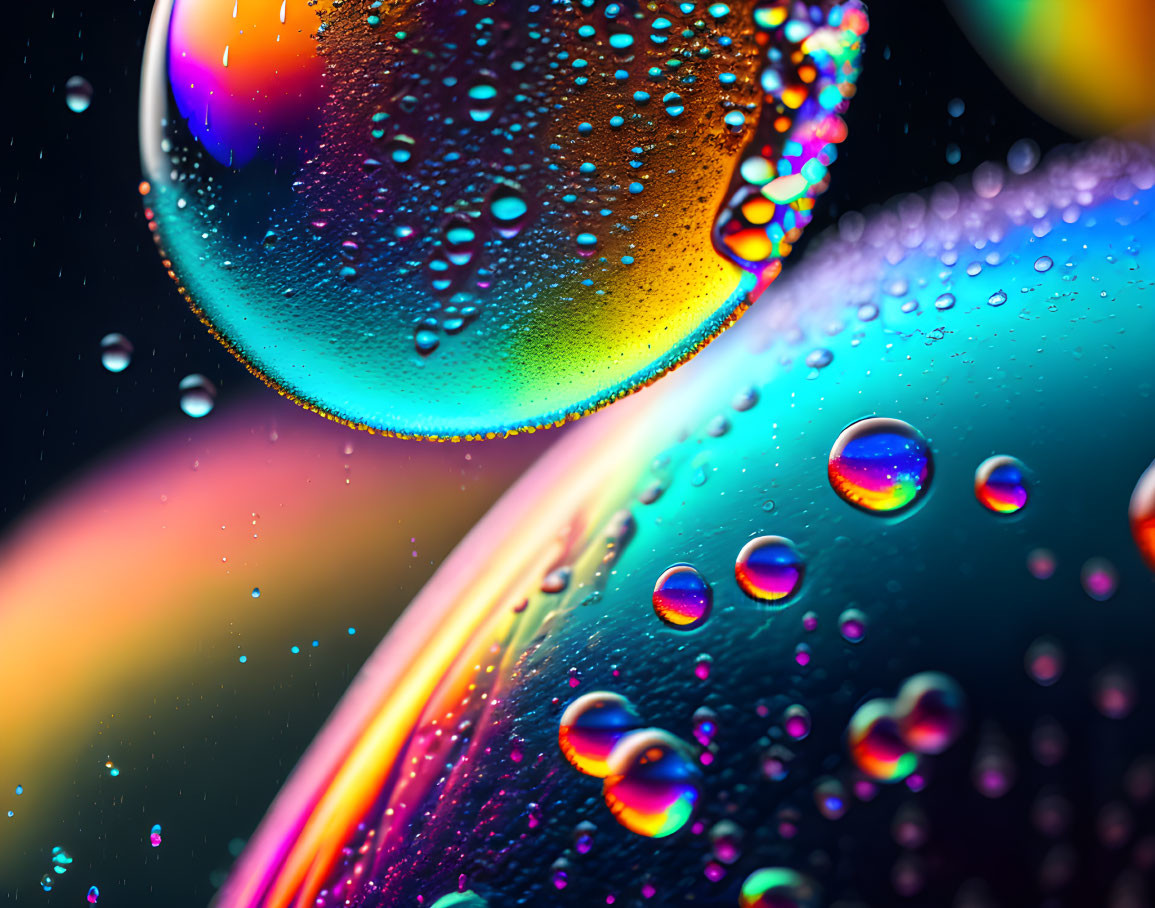 Colorful water droplets and bubbles on reflective surface with vibrant hues and light refraction.