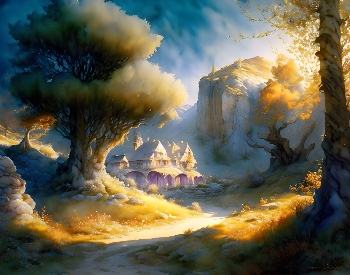 Tranquil fantasy landscape with cottage, cliffs, trees, and sunlight