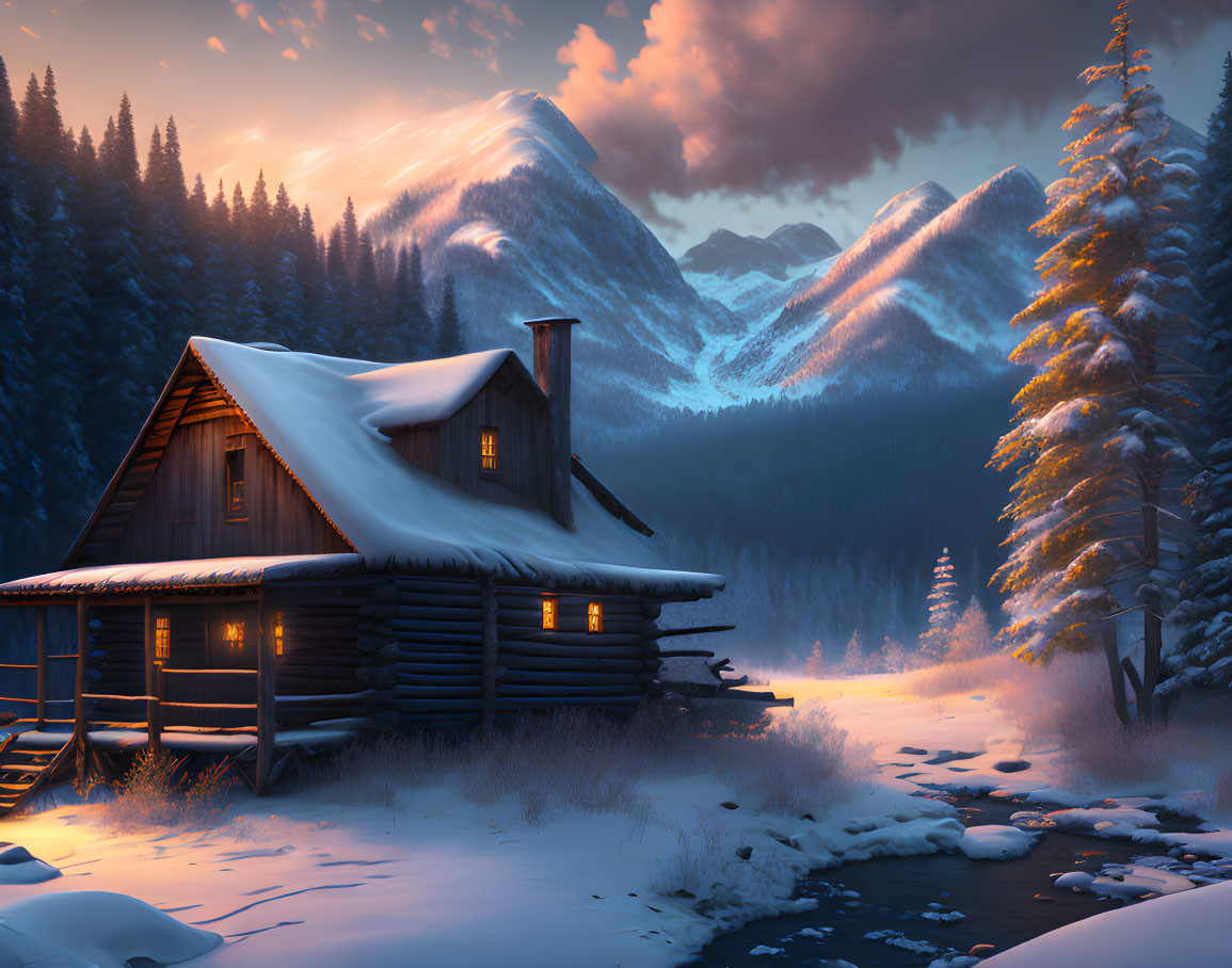 Snowy riverbank log cabin with lit window and mountains