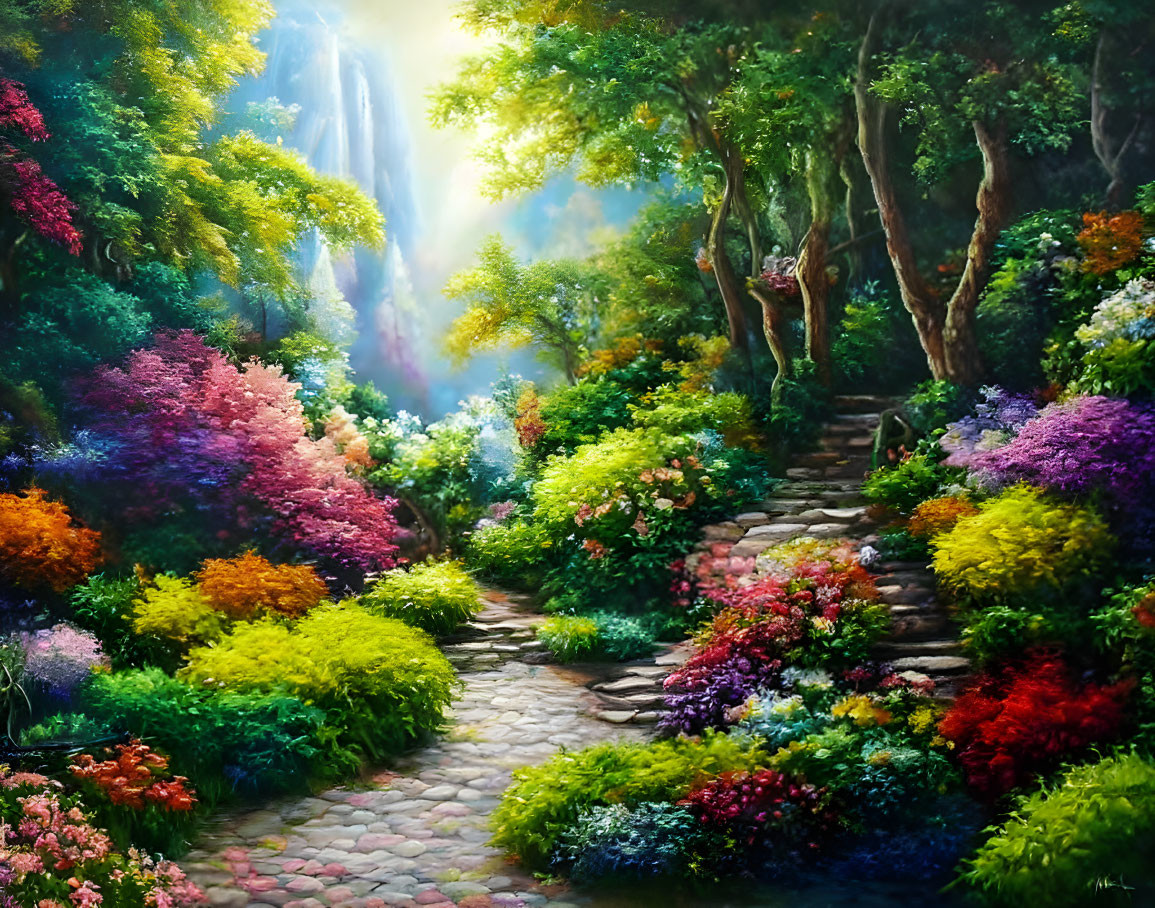 Colorful Flower-lined Garden Path Leading to Waterfall