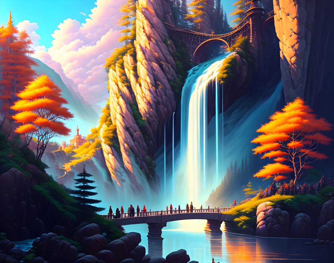 Majestic waterfall between sunlit cliffs, bridge, autumn trees, distant castle, vibrant sky