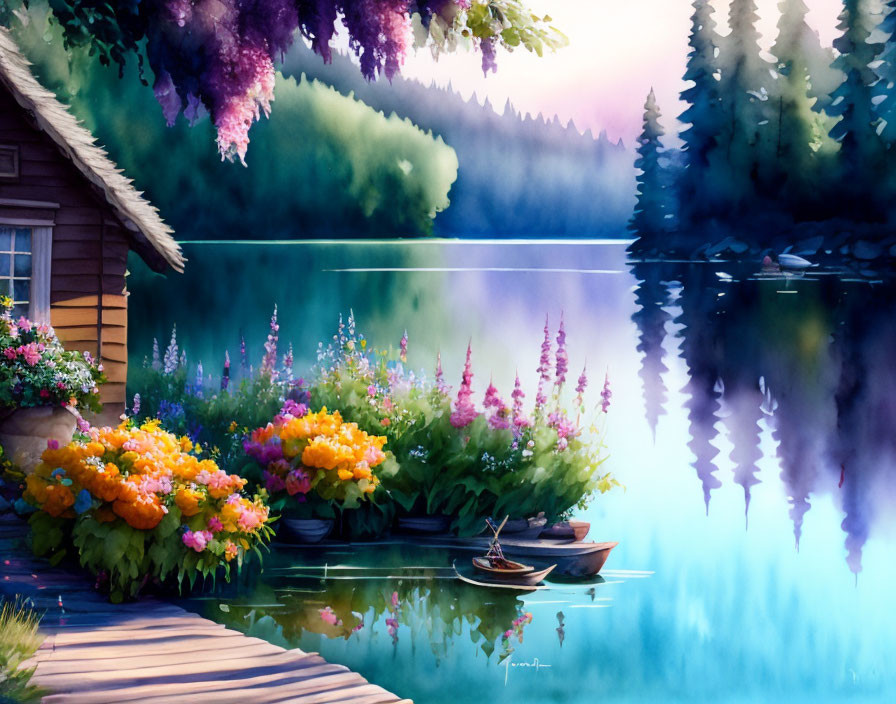 Tranquil lakeside cabin scene with flowers, dock, boat, trees, and calm waters at