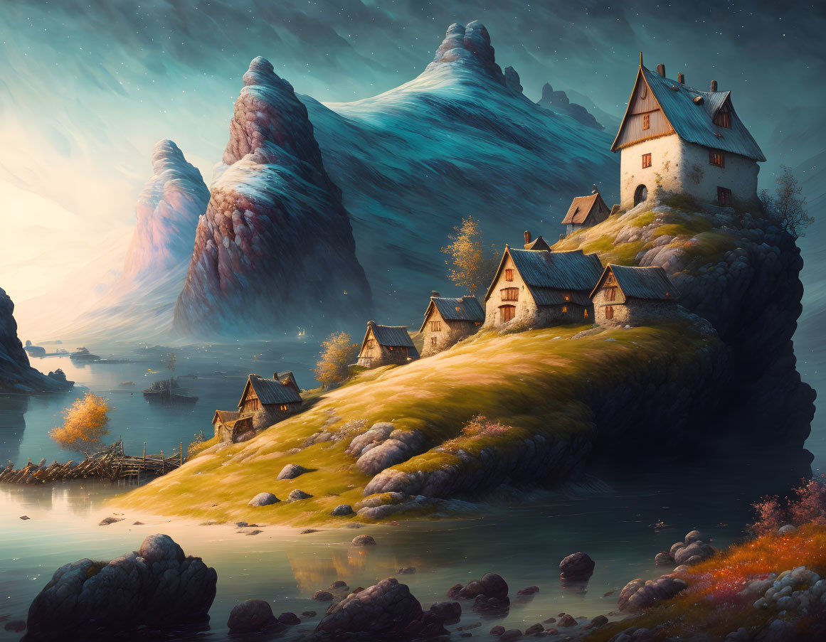 Tranquil fantasy village on grassy cliffs by calm bay