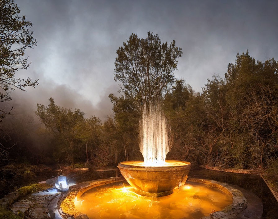 Fountain with Overflowing Water in Foggy Twilight Setting