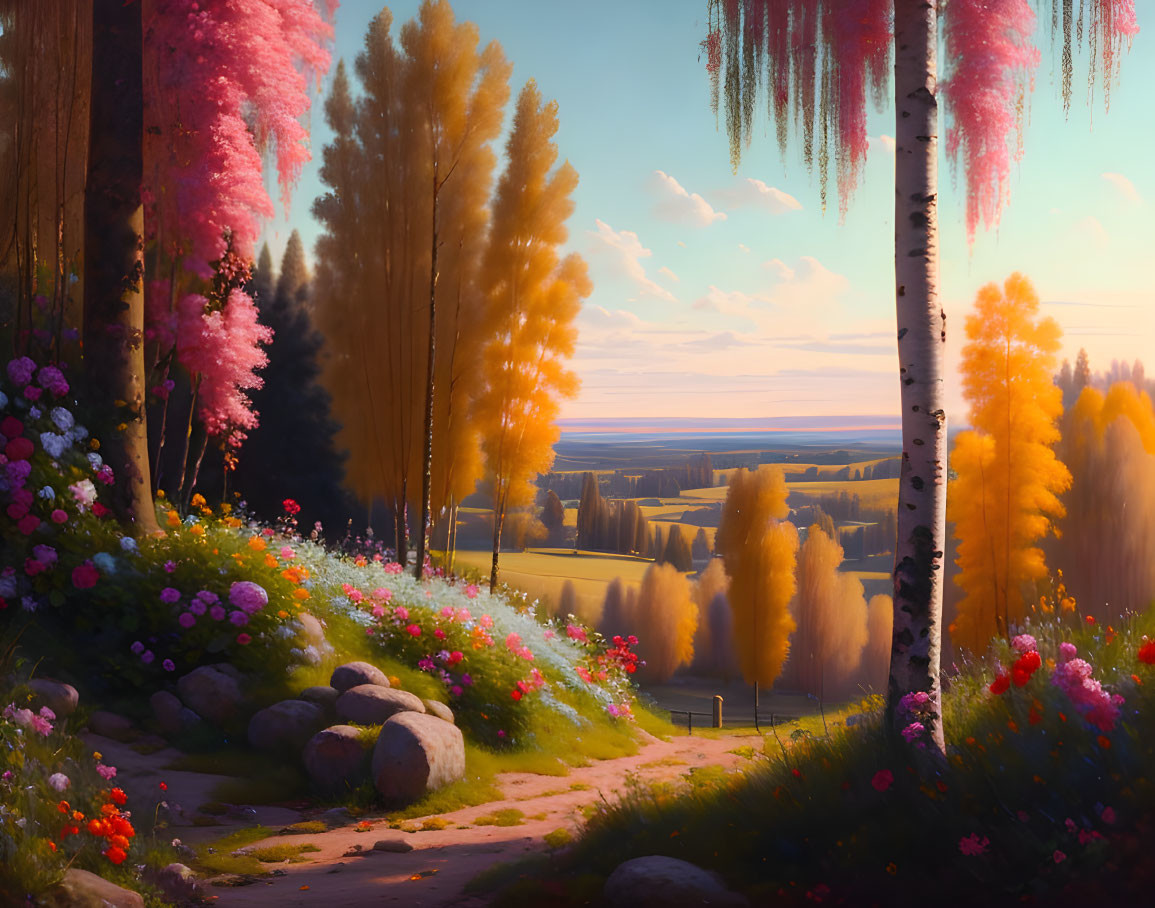 Tranquil Sunset Landscape with Pink and Yellow Trees