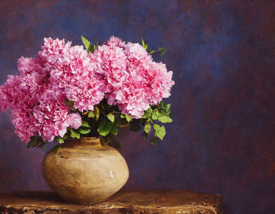 Pink Hydrangea Bouquet in Clay Vase on Wooden Surface against Dark Blue Background