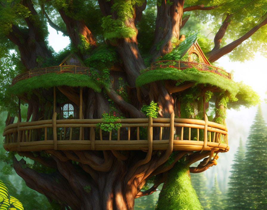 Whimsical treehouse with balconies in lush forest