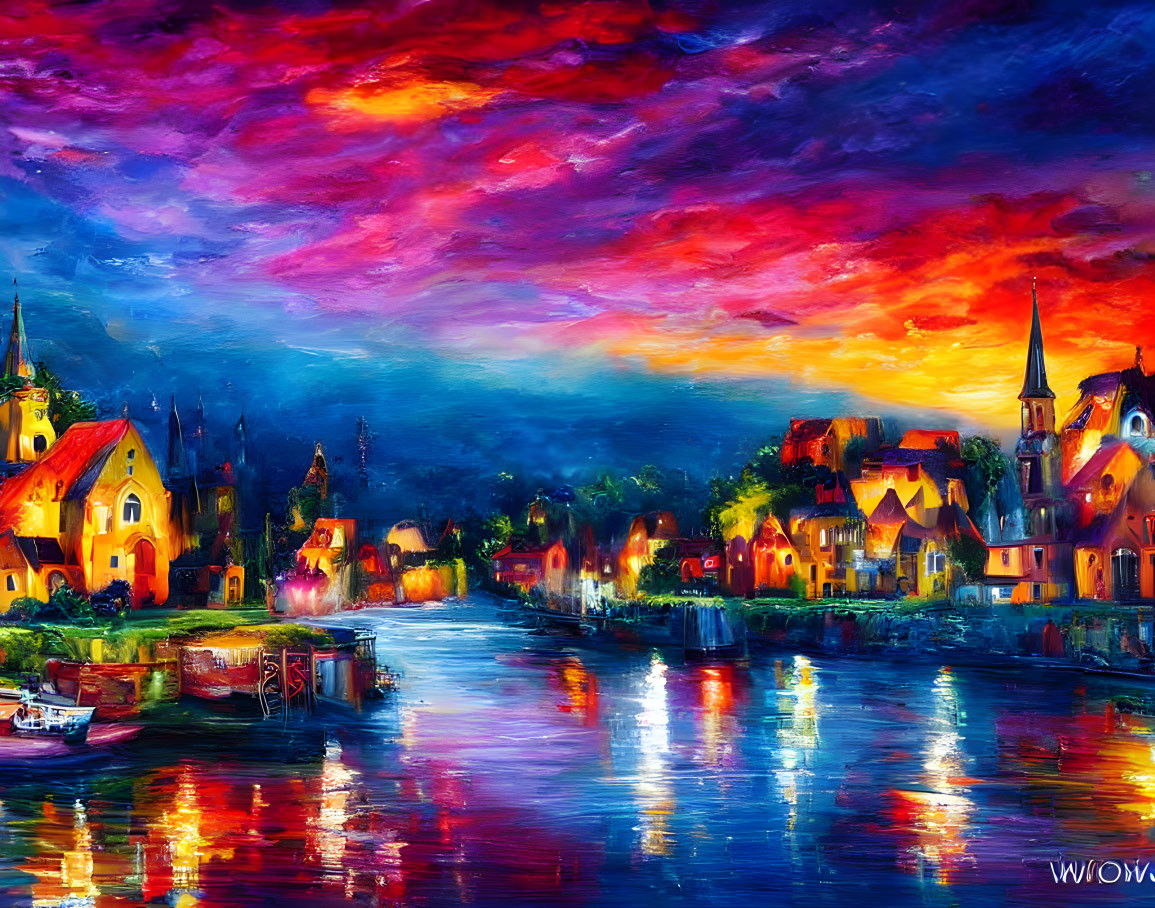 Scenic painting of riverside village at sunset