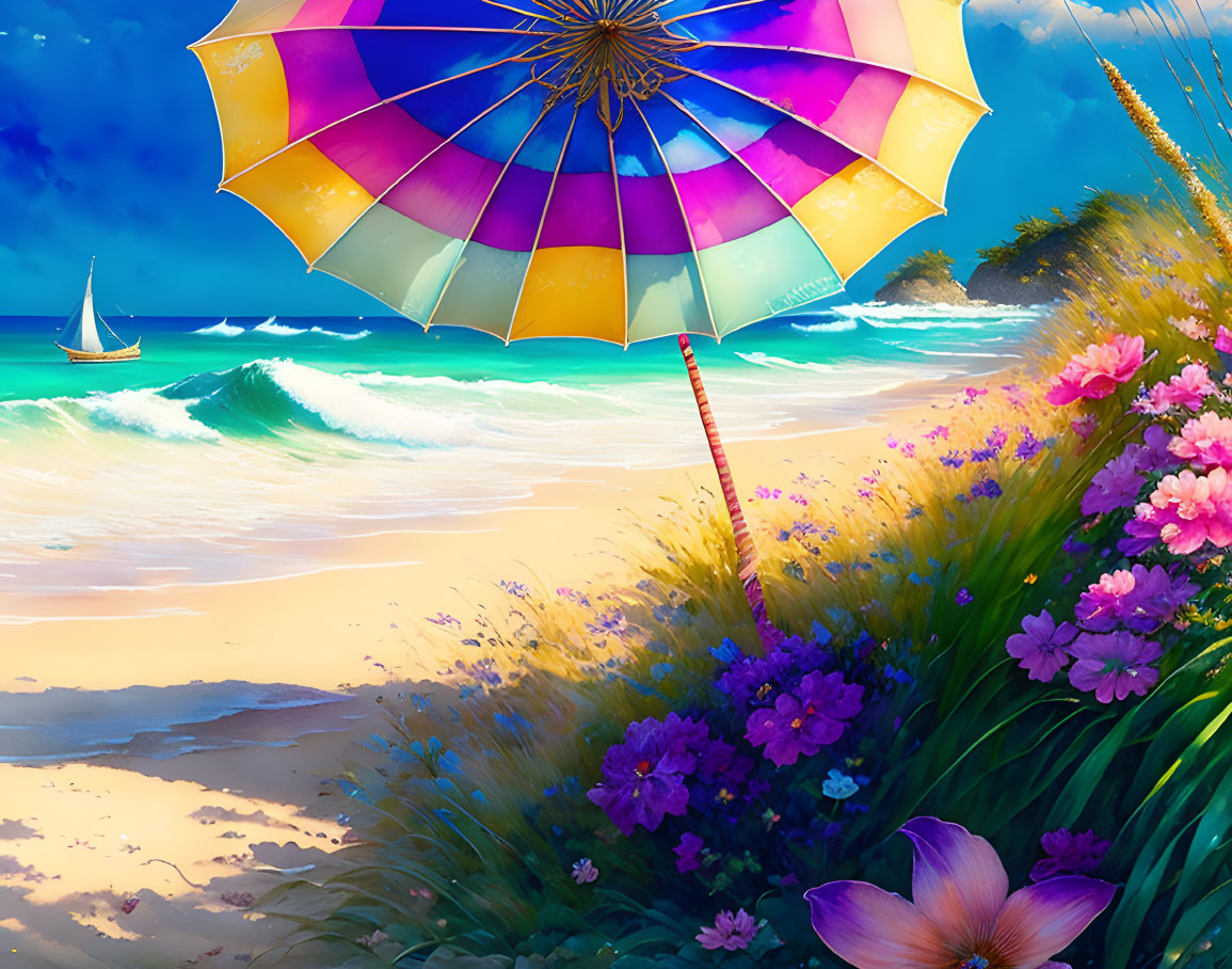 Colorful Beach Scene with Umbrella, Flowers, Waves, and Sailboat