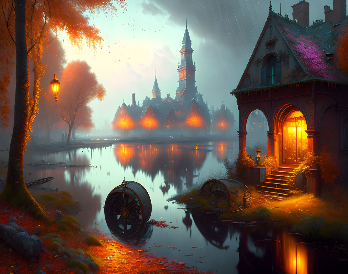 Fantasy castle evening scene with autumn foliage and rain