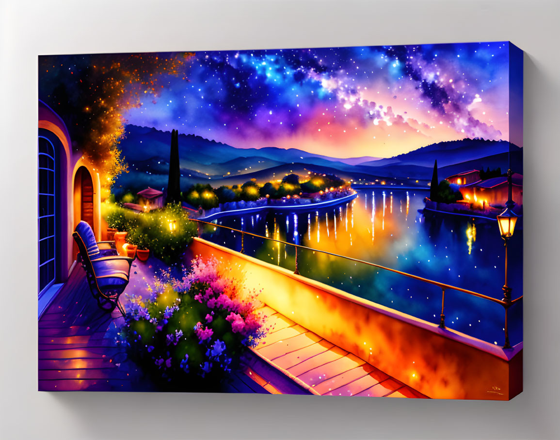 Serene lakeside scene at night with starry sky and flowers