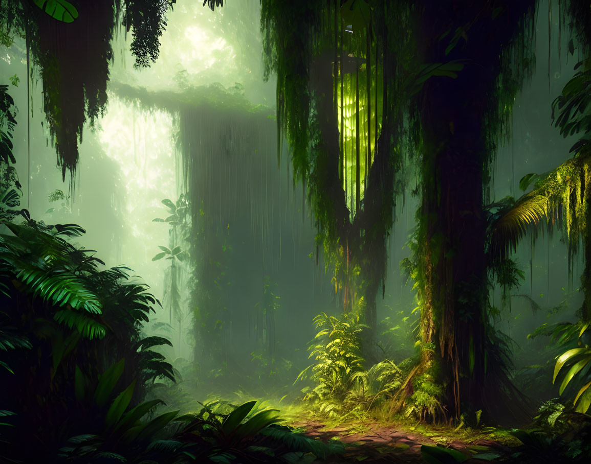 Serene forest scene with tall trees, hanging vines, and sunlight filtering through mist